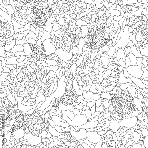 Hand drawing seamless pattern with doodle peony flowers and leaves. Vector illustration. Bohemian style. Line art. Coloring page. Anti-stress coloring for adult