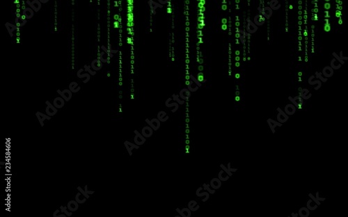 Background in a matrix style.Binary computer code on black background.Green digital code numbers in matrix style.Cyberpunk hacker abstraction backdrop.Random numbers falling on the black background.