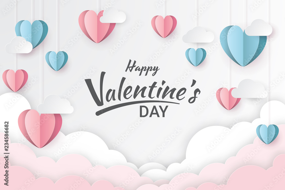 Happy valentine's day with hearts and clouds. Paper cut style. Vector illustration
