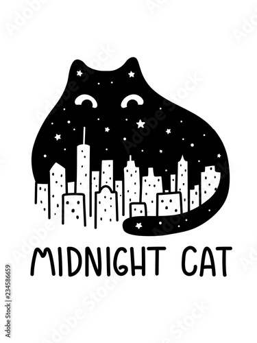 A Cartoon Vector Outline Drawing Of Black Midnight Sky Cat Watching Over The City Skyline