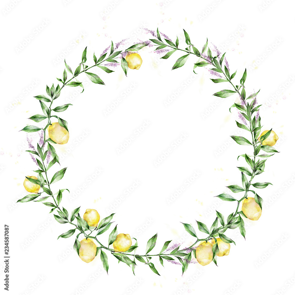 Watercolor illustration. A wreath of lemons. The branches of the lemon tree - obrazy, fototapety, plakaty 