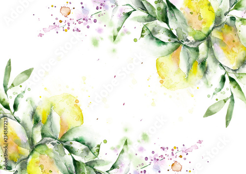 bright watercolor invitation template, verbena lemons photo