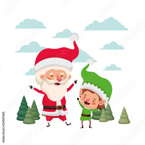 santa claus with elf moving with christmas trees