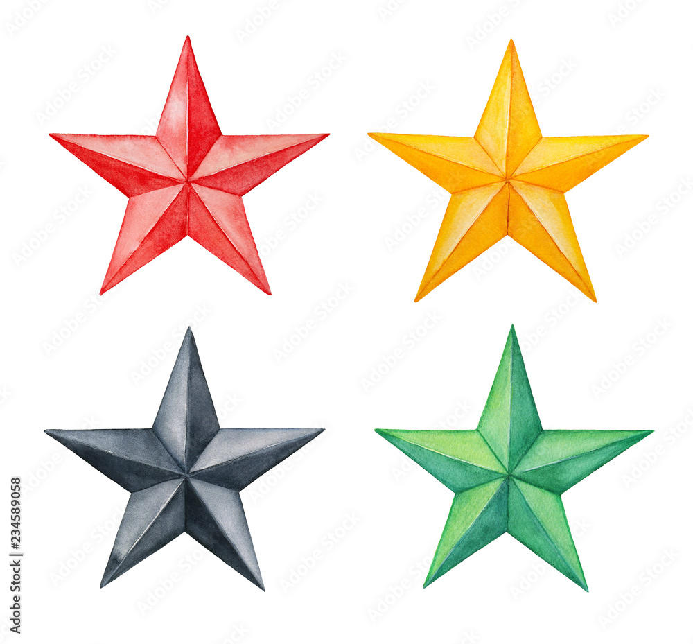 Collection of various five-pointed stars. Gold, bright red, black, green colors; top view. Hand painted watercolour graphic illustration on white, cutout clip art elements for design and decoration.