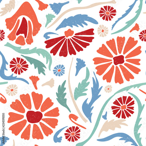 Flower All Over Print Vector. Colorful Blooms Seamless Repeating Pattern in Folk Art Style on White Background. Hand Painted, Tossed for Fashion Prints, Wallpaper, Stationery, Floral Garden Packaging.