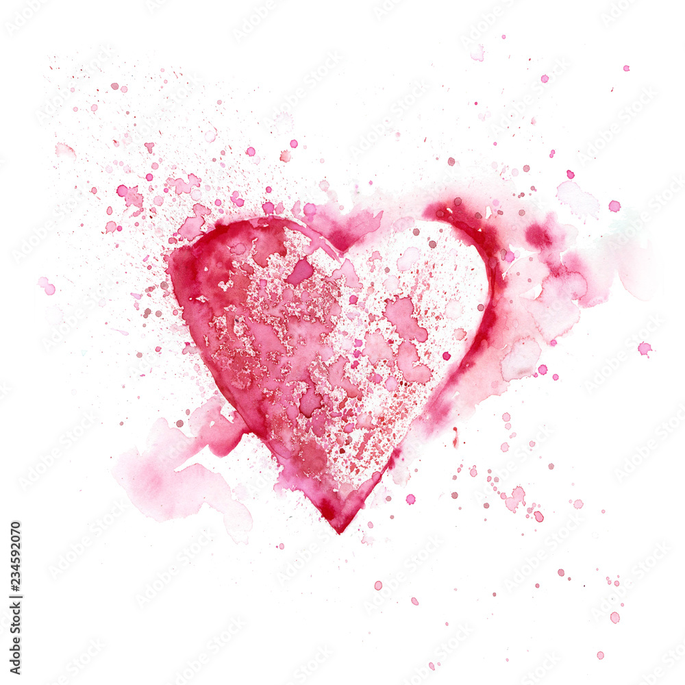 Watercolor pink heart with spray paint. Romantic design.