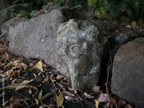 emains of ancient carved stone statue found on Roman ruins in northern England photo