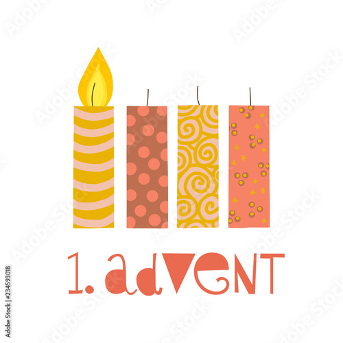 First sunday in advent vector illustration. One burning advent candle. Erster Advent german text. Flat Holiday design with candles on white background. For greeting Holiday card, posters, Christmas
