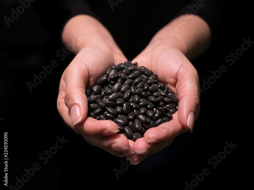 Woman's hands holding raw uncooked black beans from front shallow focus with black background.