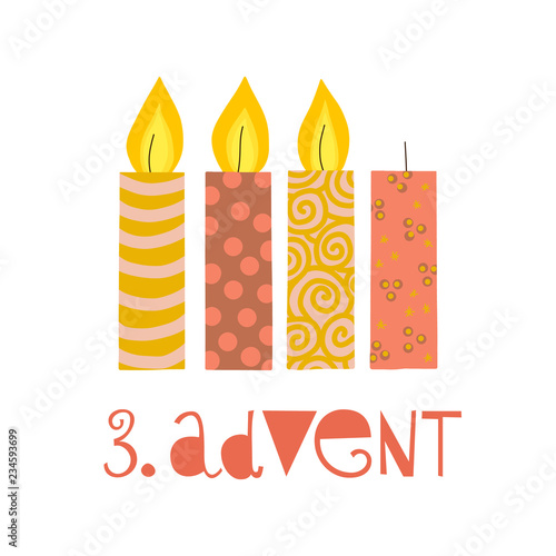 Three burning advent candles vector illustration. Third sunday in advent. 3. Advent german text. Flat Holiday design with candles on white background. For greeting Holiday card, poster, Christmas