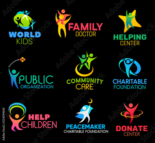 Charity foundation icons with peoples and hands