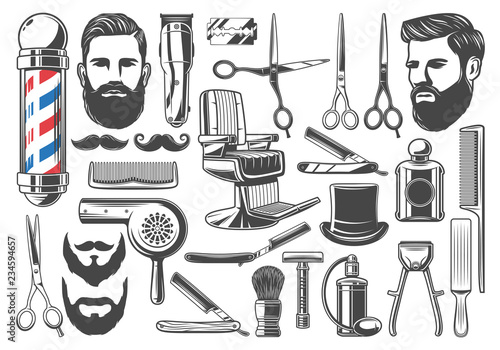Fototapeta Naklejka Na Ścianę i Meble -  Barbershop haircut and shave equipment icons