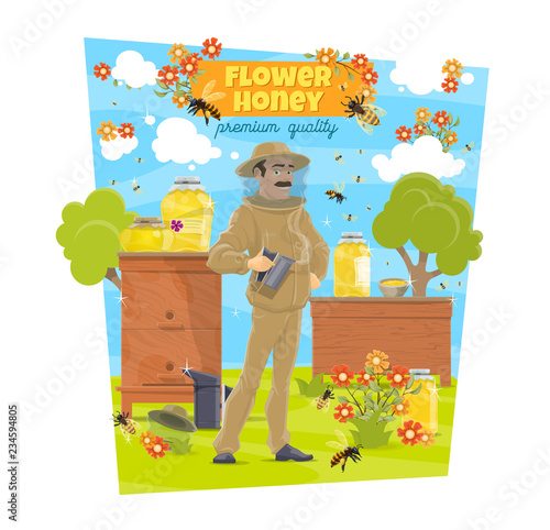 Beekeeping, honey, beekeeper at beehives