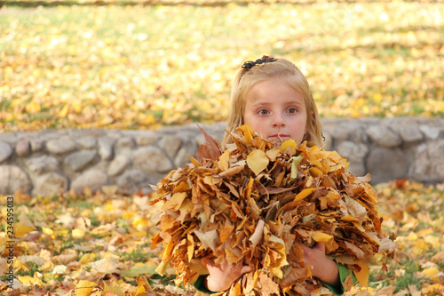 Cute Little Girl Playing Golden Autumn Leaves