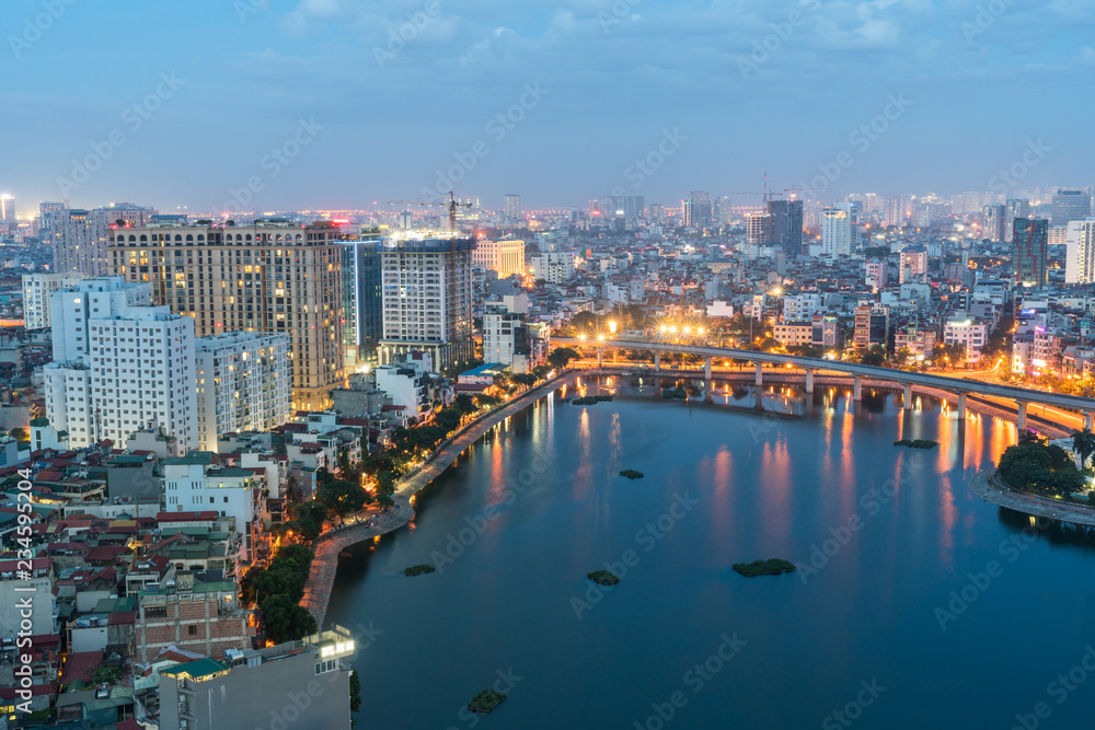 Aerial skyline view of Hanoi. Hanoi cityscape at twilight at Thanh Cong lake, Ba Dinh district