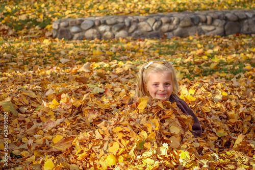 Little Girl Playing in Autumn Leaves