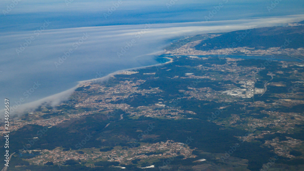 Aerial view from plane of Viana do Castelo in Portugal and the Limia river