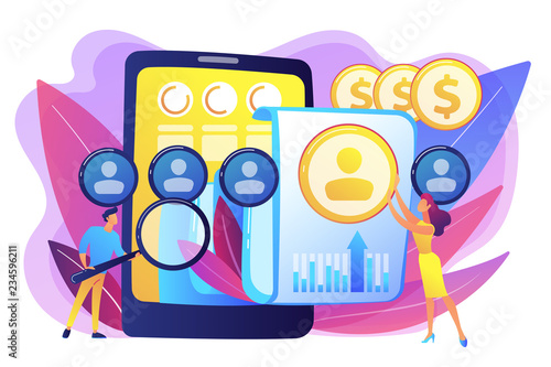Specialists manage mobile expenses. Mobile expense management, expense management system, mobile device management and mobile network concept. Bright vibrant violet vector isolated illustration