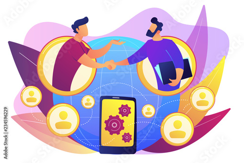 Businessmen handshaking through smartphone. Mobile collaboration, collaborative tools and mobile teamwork, mobile and innovative networking concept. Bright vibrant violet vector isolated illustration