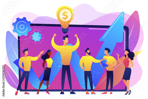 Company enployees and leader having successful money-making idea. Intellectual capital, company human resources, money-making sources concept. Bright vibrant violet vector isolated illustration