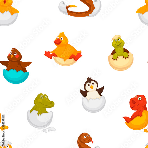 Tableau sur toile Animals born from eggs, eggshells and reptiles seamless pattern vector