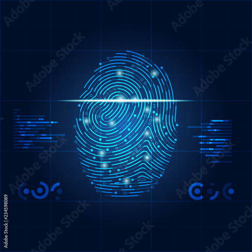 concept of digital security or biometrics, electronic fingerprint on scanning screen
