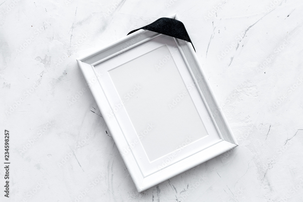 Death concept. Photo frame, mockup with black ribbon on white background  top view copy space Stock Photo | Adobe Stock