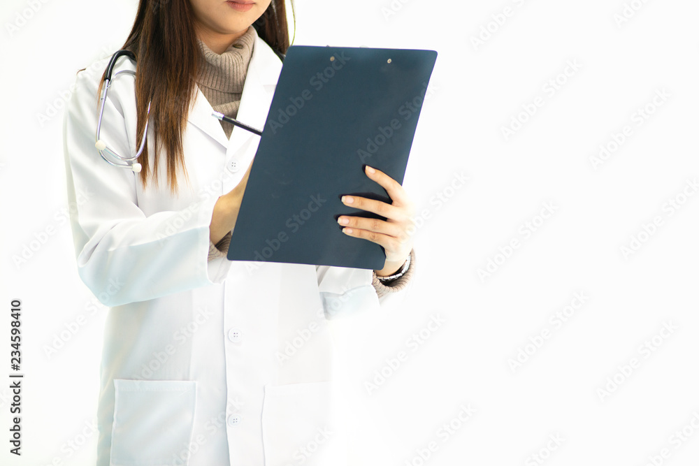 young Asian woman doctor in hospital writing notes and prescriptions isolated on white background. medical concept. young Asian woman doctor in hospital writing notes and prescriptions isolated on white background. medical concept.