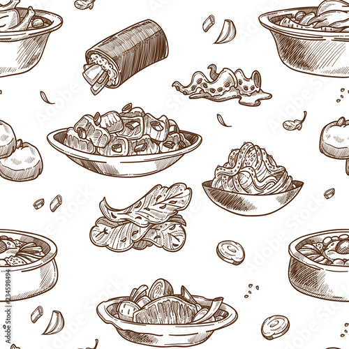 Korean cuisine traditional dishes sketch seamless pattern. photo