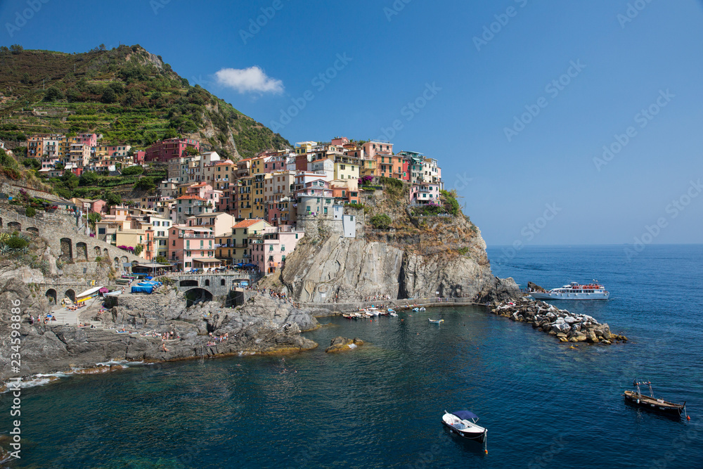 Panoramic view of Manarola, one of the beautiful Cinque Terre villages on the Ligurian coast, Italy