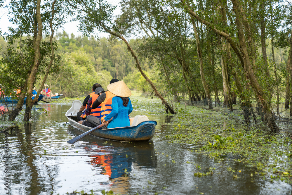 Tourism rowing boat in cajuput forest in floating water season in Mekong delta, Vietnam