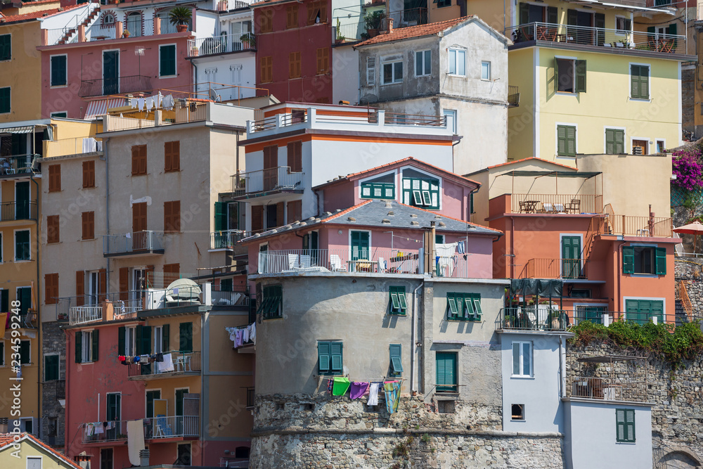Closeup view of colourful apartments in Manarola, one of the stunning Cinque Terre villages