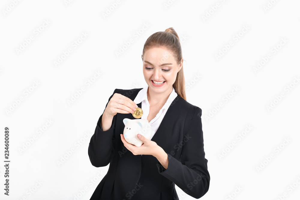 bit-coin business concept. Beautiful businesswoman is counting her money. Young business are enjoying the money and earning. Young business are happy and is saving money with the bitcoin bit-coin business concept. Beautiful businesswoman is counting her money. Young business are enjoying the money and earning. Young business are happy and is saving money with the bitcoin