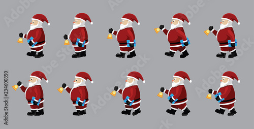 Santa Ringing Bell Walking Gift Motion Sequence Animation Vector Illustration