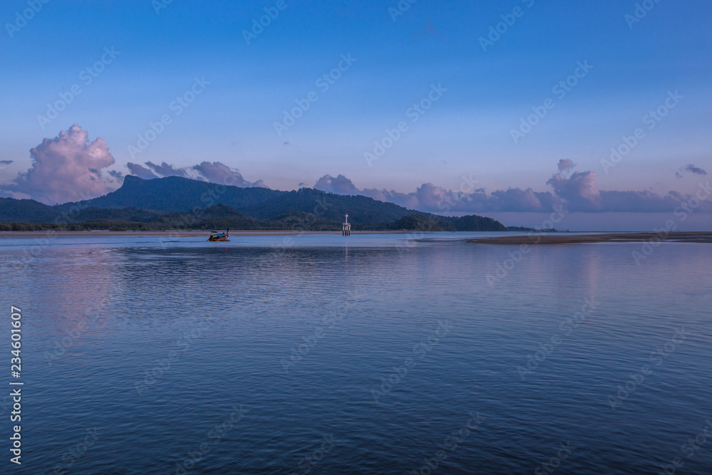 Sea background, vivid blue wallpaper, natural scenery (mountains, fishing boats), a common habitat between people and nature.