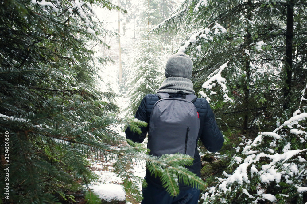 Winter tourism. winter walk.Male traveler with a backpack in the fir snow forest. Winter trip. Man on a winter forest 
