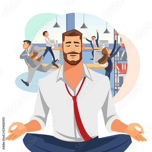 Businessman Meditating in Office Cartoon Vector