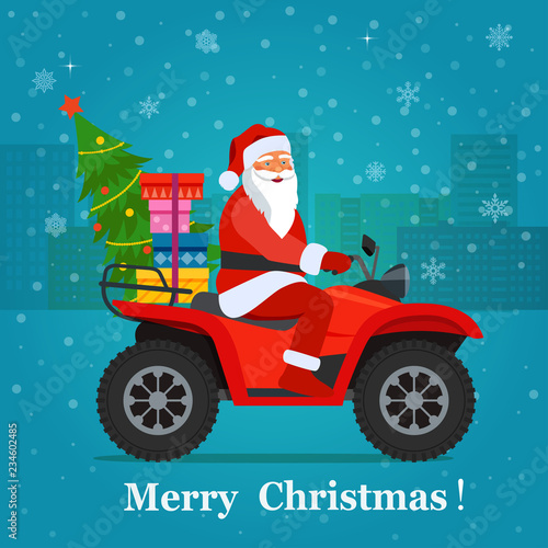 ATV with santa claus, christmas tree and gift boxes. Vector flat style illustration