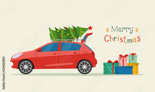 Gift boxes next to the trunk of the car. Merry christmas stylized typography.   Vector flat style illustration
