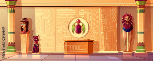 Vector Egyptian cartoon background. Tomb interior - bust of queen, pharaoh sarcophagus, ancient pillar and other symbols of culture. Bastet sculpture, hieroglyphs on wall and scarab. Pyramid inside.