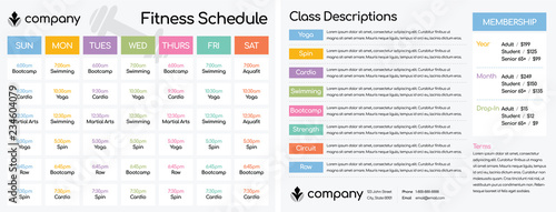 Daily and Weekly Schedule for Classes at a Fitness Club Gym / Setup for a Double-Sided Letter Size Paper at 8.5 x 11