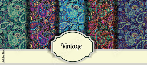 Set of seamless patterns in vintage paisley style.
