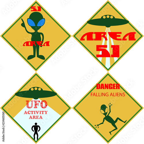 Vector set of aliens signs. Cartoon characters, funny and cute. UFO danger icons.
