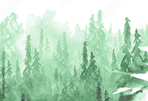 Watercolor group of trees - fir, pine, cedar, fir-tree. green forest, landscape, forest landscape. Drawing on white isolated background. Misty forest in haz. Ecological poster. Watercolor painting