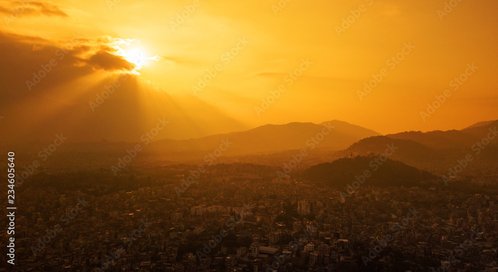 The yellow sunset sky above the city of Kathmandu,Nepal