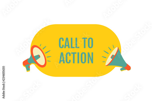 Call to action. Megaphone with bubble speech. Sticker for promotion and advertising. Vector illustration for design or print.