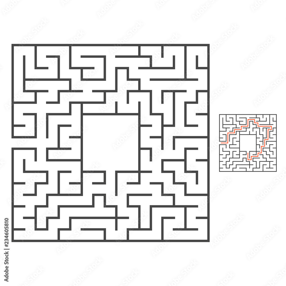 Abstract square maze. Game for kids. Puzzle for children. Labyrinth conundrum. Flat vector illustration. With answer. With place for your image. Find the right path. Abstract square maze. Game for kids. Puzzle for children. Labyrinth conundrum. Flat vector illustration. With answer. With place for your image. Find the right path.