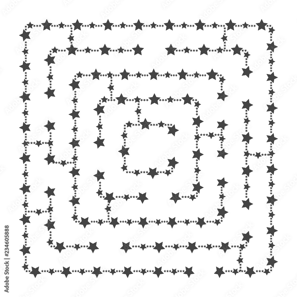 Simple square maze - starry sky. Game for kids. Puzzle for children. One entrance, one exit. Labyrinth conundrum. Flat vector illustration isolated on white background. With place for your image.