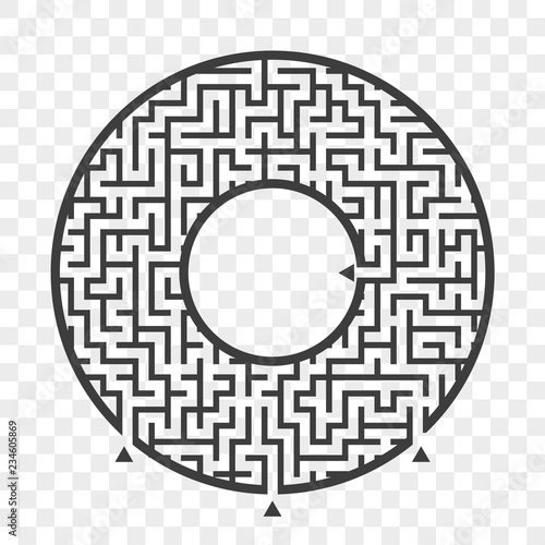 Black round maze. With three ways. Game for kids. Puzzle for children. Labyrinth conundrum. Flat vector illustration isolated on transparent background. With place for your image.