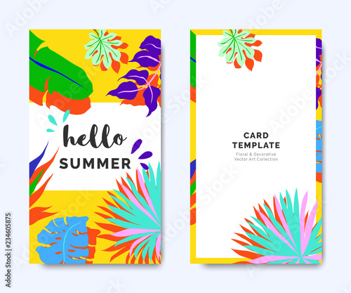 Hello summer invitation card template design, tropical plants on yellow background, colorful vibrant tones